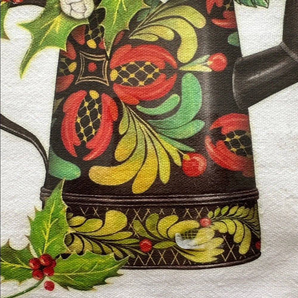Mary Lake-Thompson Kitchen Flour Sack Dish Towel Holly Berries Watering Can